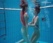 Liza and Alla underwater experience from nudist posing nude
