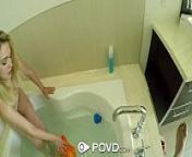 POVD - Teen Cali Sparks with natural tits gets helping hand in the bathtub from cali logan pov