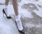 High heels and white frilly socks in the snow from lace socks