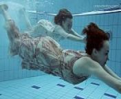 Two hot hairy beauties underwater from girl swim