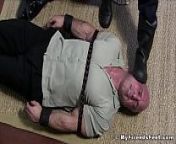 Mature bald guy bound and tormented with feet on his face from mature gay foot worship