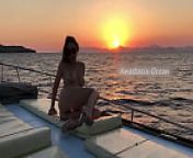 Blondy girl poses totally naked on boat party. Open legs, masturbate outdoors. Public from boys boat party with open dance