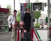 Very pregnant girl public sex threesome at a gas station from railway station