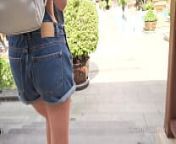 The denim overalls with no top in public from downblouse in public