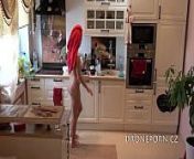 Naked and preparing food in the kitchen from hidden cum food