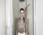 Hot crazy woman watering herself in the shower with her clothes on from stepaunty was washing her clothes in the bathroom for bath stroked her gently and had sex with her video com