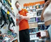 exhibitionist wife teasing the seller in store see-through top from squler