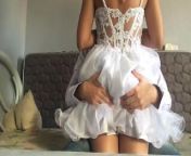Sexy bride dry humping in wedding dress and satin panties, cum in pants grinding from out dress sex