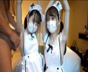Japanese girls give a guy an armpijob and handjob in naked apron. from armpitsjob