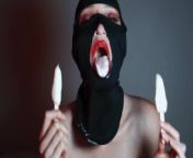 sexy asmr blowjob with ice cream from a girl in a balaclava from pussy cream sucking