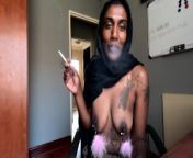Desi in hijab smoking while wearing nipple clamps from wearing stocking