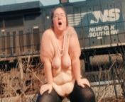 Risky Public Piss-Take: Naked Ohio BBW MILF Disrespects Norfolk Southern Train Company from fat outdoor