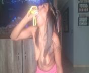Topless desi squeezes her boobs as she sucks and deepthroats on a banana from indian desi women cut lock of hair
