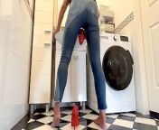 Wetting extremely Jeans and Red classic High Heels and play with Pee from extreme desperation